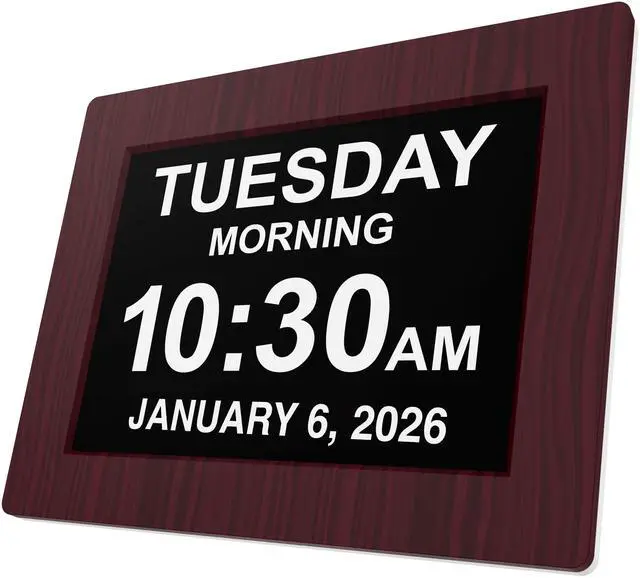 Main image of New Version, Day Clock Extra Large Impaired Vision Digital Clock with Battery Backup and 5 Alarm Options, Premium Mahogany Color, 8 inch