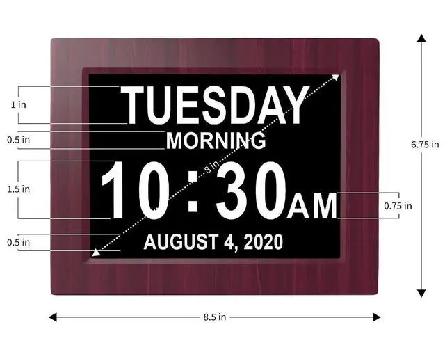Alt view image 5 of 7 - New Version, Day Clock Extra Large Impaired Vision Digital Clock with Battery Backup and 5 Alarm Options, Premium Mahogany Color, 8 inch