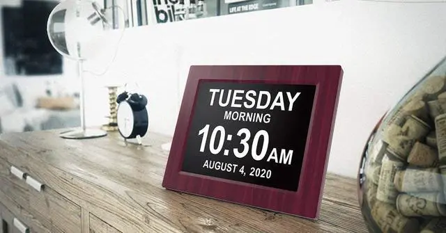 Alt view image 6 of 7 - New Version, Day Clock Extra Large Impaired Vision Digital Clock with Battery Backup and 5 Alarm Options, Premium Mahogany Color, 8 inch