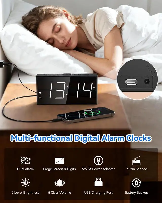 Alt view image 2 of 7 - 7.5" Digital Alarm Clock for Bedroom with Power Adapter, Dual Alarms Big Numbers Snooze USB Port Dimmable 5 Volumes Battery Backup 12/24H & DST Led Loud Alarm Clock for Heavy Sleepers Adults