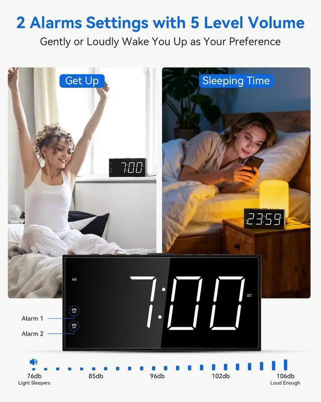 Alt view image 3 of 7 - 7.5" Digital Alarm Clock for Bedroom with Power Adapter, Dual Alarms Big Numbers Snooze USB Port Dimmable 5 Volumes Battery Backup 12/24H & DST Led Loud Alarm Clock for Heavy Sleepers Adults
