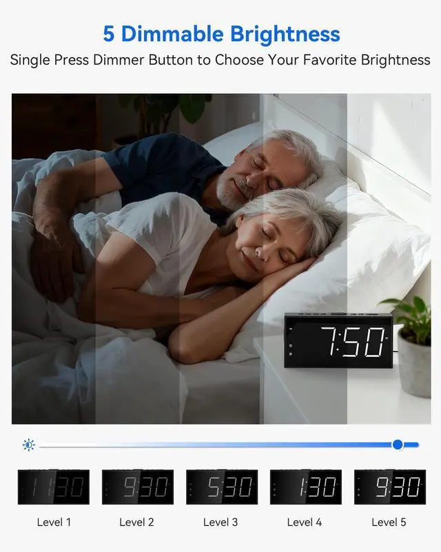 Alt view image 6 of 7 - 7.5" Digital Alarm Clock for Bedroom with Power Adapter, Dual Alarms Big Numbers Snooze USB Port Dimmable 5 Volumes Battery Backup 12/24H & DST Led Loud Alarm Clock for Heavy Sleepers Adults