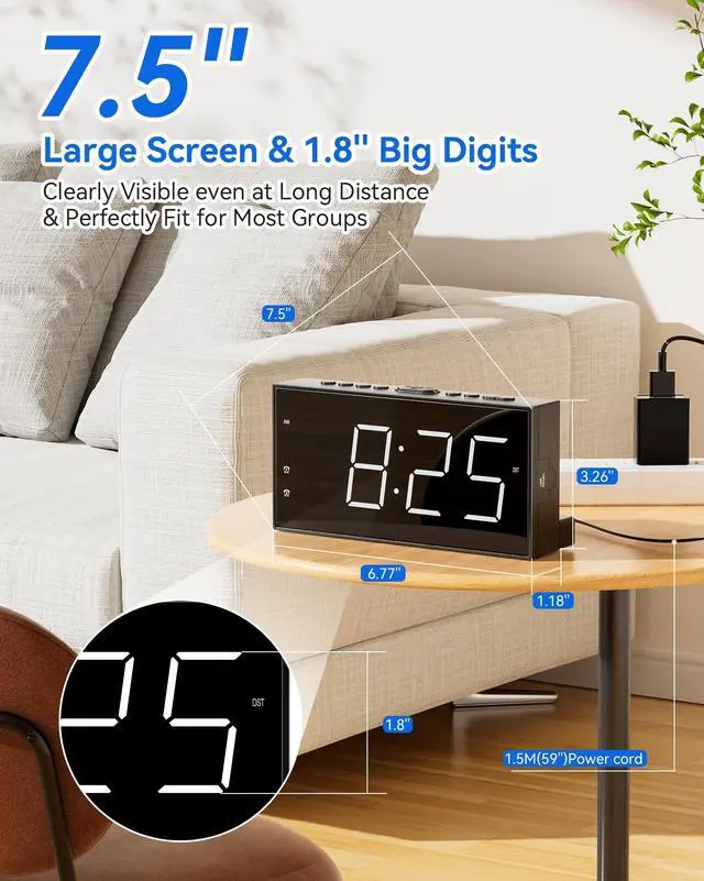 Alt view image 4 of 7 - 7.5" Digital Alarm Clock for Bedroom with Power Adapter, Dual Alarms Big Numbers Snooze USB Port Dimmable 5 Volumes Battery Backup 12/24H & DST Led Loud Alarm Clock for Heavy Sleepers Adults