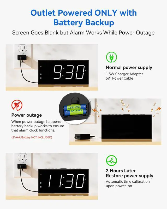 Alt view image 7 of 7 - 7.5" Digital Alarm Clock for Bedroom with Power Adapter, Dual Alarms Big Numbers Snooze USB Port Dimmable 5 Volumes Battery Backup 12/24H & DST Led Loud Alarm Clock for Heavy Sleepers Adults