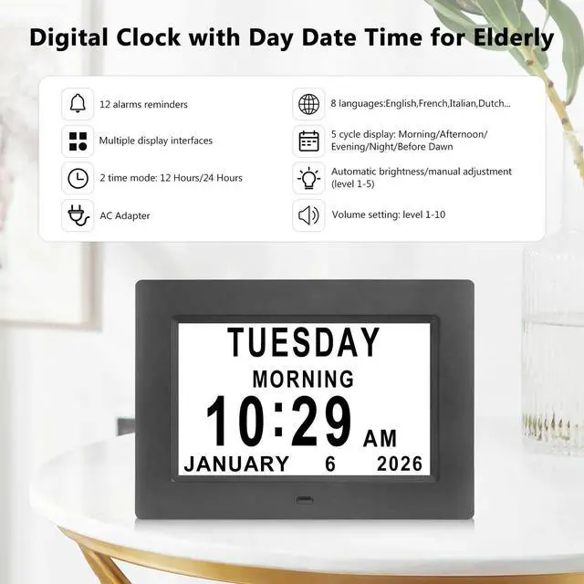 Alt view image 2 of 7 - Dementia Clocks for Seniors,7 Inch Clock with Day and Date for Elderly,12 Alarms Option,Auto Dimmable,Large Display Digital Clock with Large Number