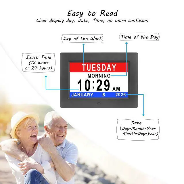 Alt view image 3 of 7 - Dementia Clocks for Seniors,7 Inch Clock with Day and Date for Elderly,12 Alarms Option,Auto Dimmable,Large Display Digital Clock with Large Number