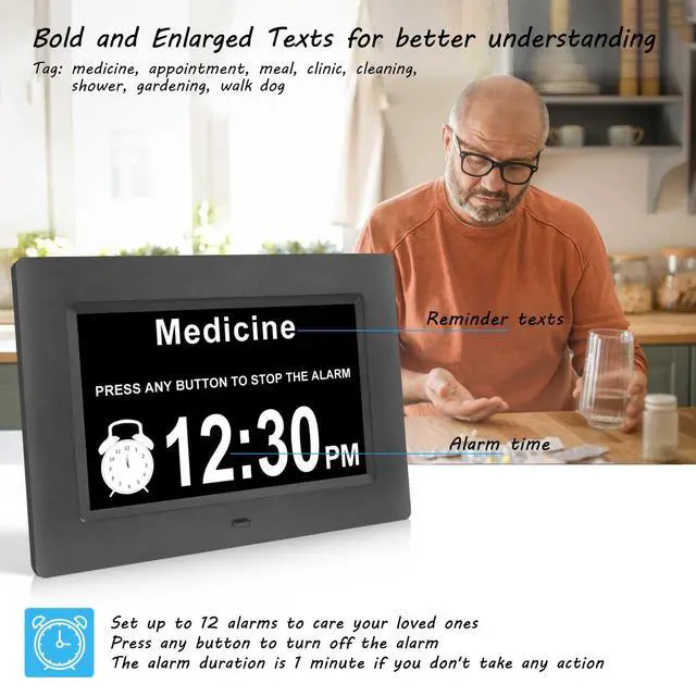 Alt view image 4 of 7 - Dementia Clocks for Seniors,7 Inch Clock with Day and Date for Elderly,12 Alarms Option,Auto Dimmable,Large Display Digital Clock with Large Number