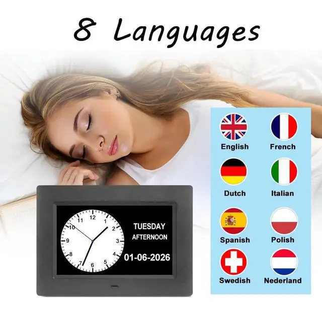 Alt view image 7 of 7 - Dementia Clocks for Seniors,7 Inch Clock with Day and Date for Elderly,12 Alarms Option,Auto Dimmable,Large Display Digital Clock with Large Number