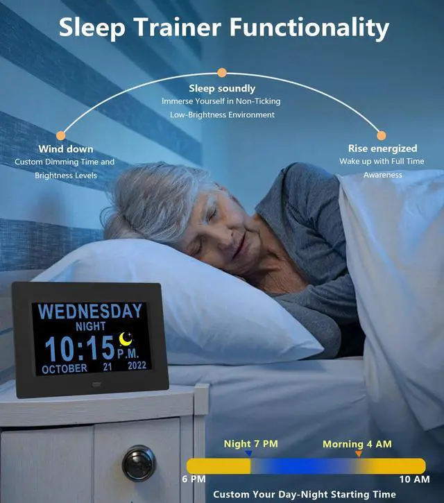 Alt view image 3 of 7 - 19 Alarms Digital Talking Clock with Loud Voice Time Date, Auto DST, 20 Custom Reminders, 10-Level Dimmer, Sleep Trainer, Speaking Day Date Calendar Clock for Seniors Dementia- with Remote