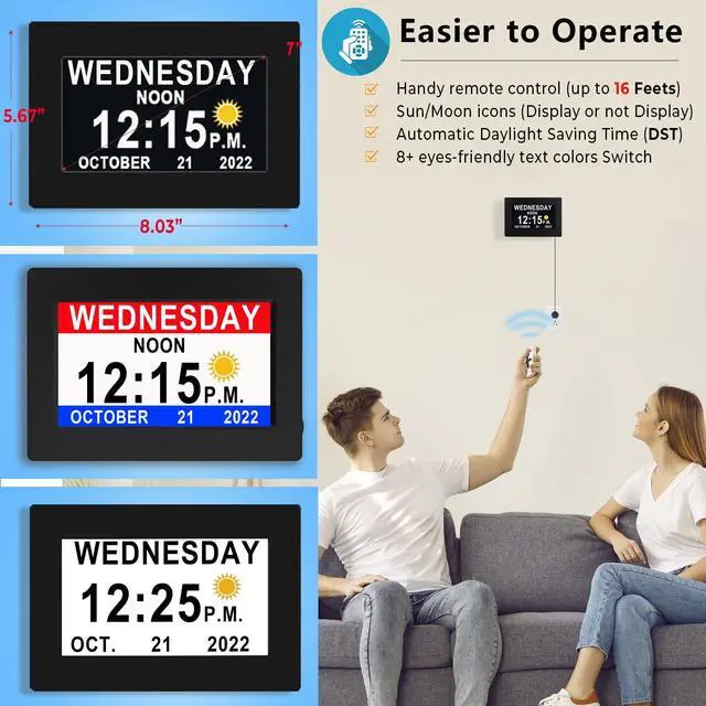 Alt view image 4 of 7 - 19 Alarms Digital Talking Clock with Loud Voice Time Date, Auto DST, 20 Custom Reminders, 10-Level Dimmer, Sleep Trainer, Speaking Day Date Calendar Clock for Seniors Dementia- with Remote