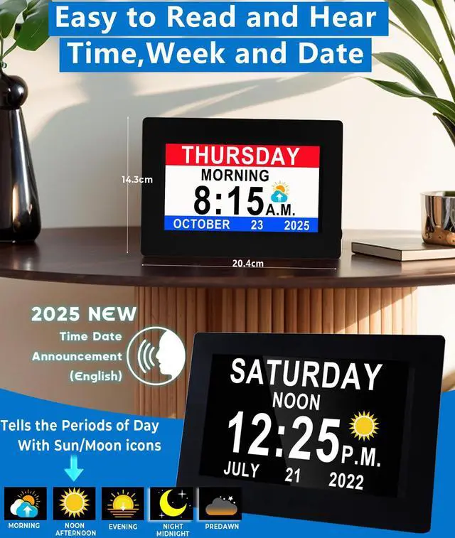 Alt view image 2 of 7 - 19 Alarms Digital Talking Clock with Loud Voice Time Date, Auto DST, 20 Custom Reminders, 10-Level Dimmer, Sleep Trainer, Speaking Day Date Calendar Clock for Seniors Dementia- with Remote