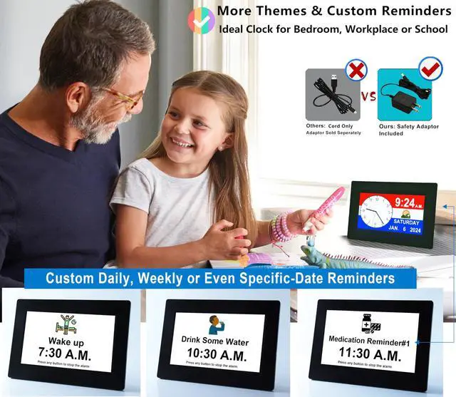 Alt view image 5 of 7 - 19 Alarms Digital Talking Clock with Loud Voice Time Date, Auto DST, 20 Custom Reminders, 10-Level Dimmer, Sleep Trainer, Speaking Day Date Calendar Clock for Seniors Dementia- with Remote