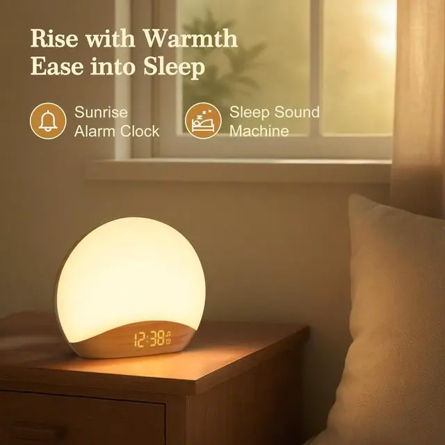 Alt view image 3 of 7 - Wood Grain Sunrise Alarm Clock and Sound Machine Nightlight, Digital Dimmable Clock for Bedroom, 26 Sleep Sounds, White Noise Machine for Baby, Adults, Wake Up Light Alarm Clock for Kids