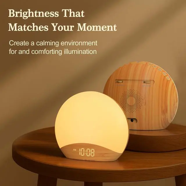 Alt view image 5 of 7 - Wood Grain Sunrise Alarm Clock and Sound Machine Nightlight, Digital Dimmable Clock for Bedroom, 26 Sleep Sounds, White Noise Machine for Baby, Adults, Wake Up Light Alarm Clock for Kids