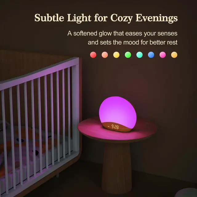 Alt view image 6 of 7 - Wood Grain Sunrise Alarm Clock and Sound Machine Nightlight, Digital Dimmable Clock for Bedroom, 26 Sleep Sounds, White Noise Machine for Baby, Adults, Wake Up Light Alarm Clock for Kids