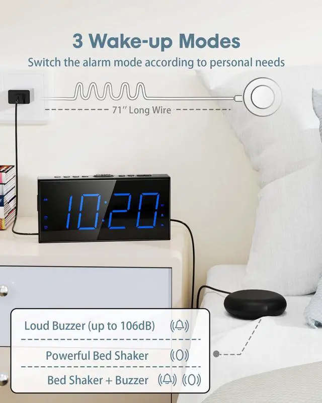 Alt view image 2 of 7 - Loud Alarm Clock with Bed Shaker, Vibrating Alarm Clock for Heavy Sleepers/Hard of Hearing/Deaf,Dual Alarms, 7.5 Large LED Display, Dimmer, USB Charging Port, Plug-in with Memory Function