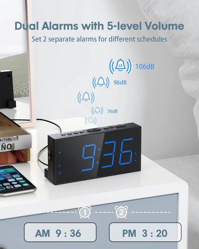 Alt view image 3 of 7 - Loud Alarm Clock with Bed Shaker, Vibrating Alarm Clock for Heavy Sleepers/Hard of Hearing/Deaf,Dual Alarms, 7.5 Large LED Display, Dimmer, USB Charging Port, Plug-in with Memory Function