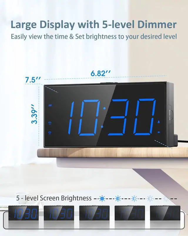 Alt view image 4 of 7 - Loud Alarm Clock with Bed Shaker, Vibrating Alarm Clock for Heavy Sleepers/Hard of Hearing/Deaf,Dual Alarms, 7.5 Large LED Display, Dimmer, USB Charging Port, Plug-in with Memory Function