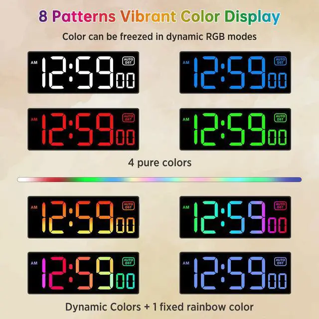 Alt view image 3 of 7 - Digital Wall Clock with Remote Countdown Electrical Timer Seconds for Gym Living Room Office Classroom, 8 RGB Colors, Auto DST, Corded Plug in Large Display 5 Dimmer (10.2" Multicolor)