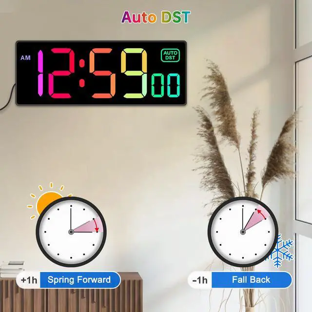 Alt view image 5 of 7 - Digital Wall Clock with Remote Countdown Electrical Timer Seconds for Gym Living Room Office Classroom, 8 RGB Colors, Auto DST, Corded Plug in Large Display 5 Dimmer (10.2" Multicolor)