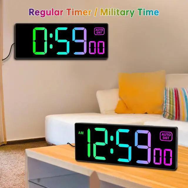 Alt view image 6 of 7 - Digital Wall Clock with Remote Countdown Electrical Timer Seconds for Gym Living Room Office Classroom, 8 RGB Colors, Auto DST, Corded Plug in Large Display 5 Dimmer (10.2" Multicolor)