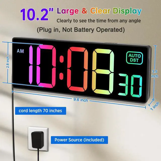 Alt view image 2 of 7 - Digital Wall Clock with Remote Countdown Electrical Timer Seconds for Gym Living Room Office Classroom, 8 RGB Colors, Auto DST, Corded Plug in Large Display 5 Dimmer (10.2" Multicolor)