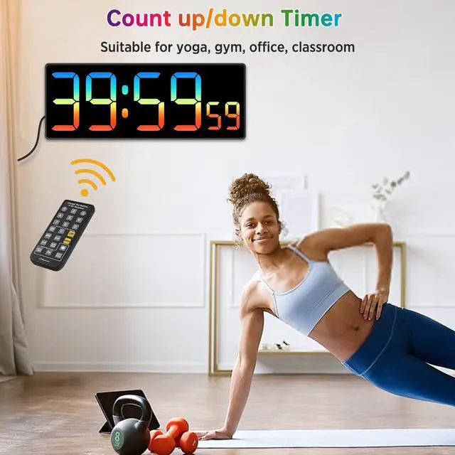 Alt view image 4 of 7 - Digital Wall Clock with Remote Countdown Electrical Timer Seconds for Gym Living Room Office Classroom, 8 RGB Colors, Auto DST, Corded Plug in Large Display 5 Dimmer (10.2" Multicolor)