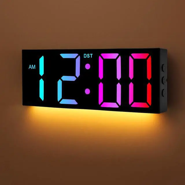Main image of 12" Large Digital Wall Clock with Remote Control, USB Powered, Corded RGB LED Clock with Full Screen Display, Big Numbers, for Classroom, Living Room, Elderly, Wall Mounted, DST, KSJ-01, Black