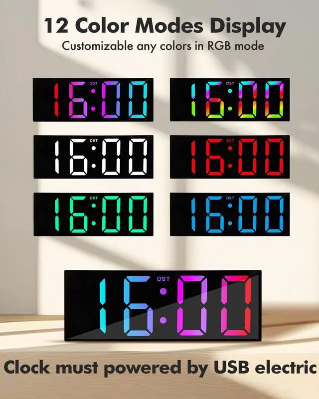 Alt view image 3 of 7 - 12" Large Digital Wall Clock with Remote Control, USB Powered, Corded RGB LED Clock with Full Screen Display, Big Numbers, for Classroom, Living Room, Elderly, Wall Mounted, DST, KSJ-01, Black