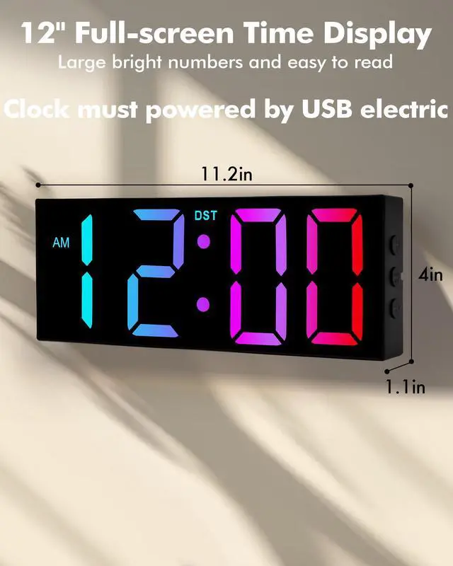Alt view image 2 of 7 - 12" Large Digital Wall Clock with Remote Control, USB Powered, Corded RGB LED Clock with Full Screen Display, Big Numbers, for Classroom, Living Room, Elderly, Wall Mounted, DST, KSJ-01, Black