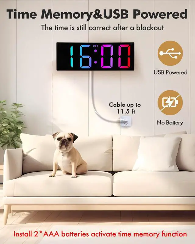 Alt view image 4 of 7 - 12" Large Digital Wall Clock with Remote Control, USB Powered, Corded RGB LED Clock with Full Screen Display, Big Numbers, for Classroom, Living Room, Elderly, Wall Mounted, DST, KSJ-01, Black