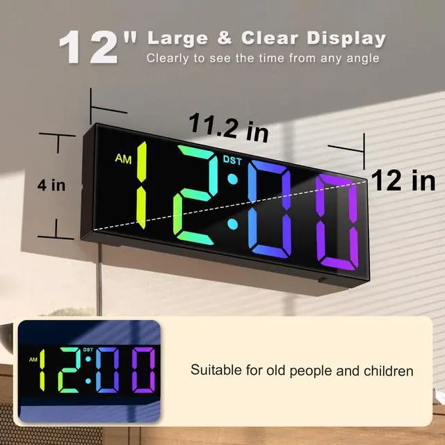Alt view image 2 of 7 - 12'' Large Digital Wall Clock, Big LED Number Dispaly, RGB Colors, DST, Night Light for Classroom Living Room Bedroom Mounted Birthday Xmas Gift for Senior, Mem Womem (Black, 12 inches)