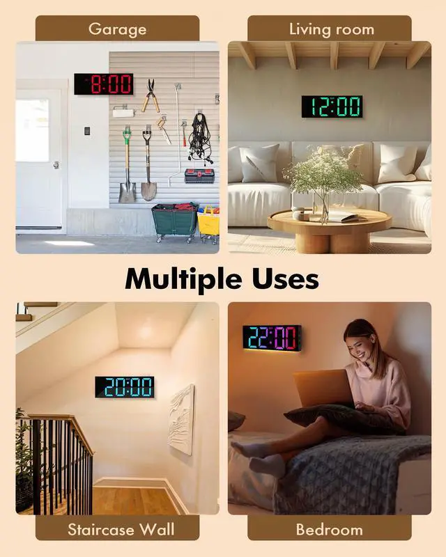 Alt view image 7 of 7 - 12" Large Digital Wall Clock with Remote Control, USB Powered, Corded RGB LED Clock with Full Screen Display, Big Numbers, for Classroom, Living Room, Elderly, Wall Mounted, DST, KSJ-01, Black