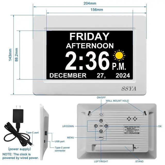 Alt view image 2 of 7 - Digital Calendar Alarm Clock - Dementia Clocks for Seniors, Non-Abbreviated Memory Loss Clock with Date and Time for Elderly (White)