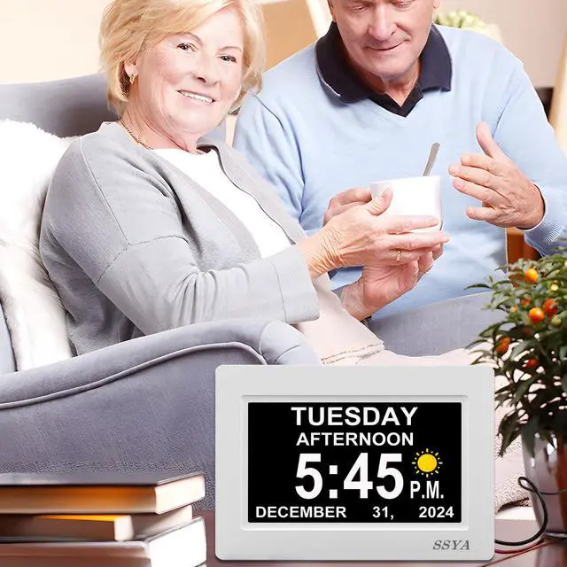 Alt view image 7 of 7 - Digital Calendar Alarm Clock - Dementia Clocks for Seniors, Non-Abbreviated Memory Loss Clock with Date and Time for Elderly (White)