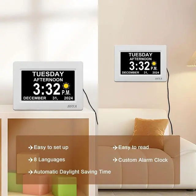 Alt view image 6 of 7 - Digital Calendar Alarm Clock - Dementia Clocks for Seniors, Non-Abbreviated Memory Loss Clock with Date and Time for Elderly (White)