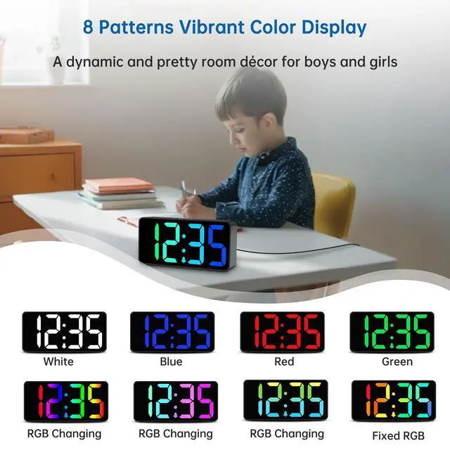 Alt view image 3 of 7 - Small Digital Alarm Clocks for Bedrooms - RGB Electric Alarm Clock for Kids Bedside Nightstand, Desk Clock with Large Numbers, Dimmer, Adjustable Alarm Volume, USB Port, USB-C Adapter Powered