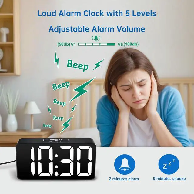Alt view image 4 of 7 - Small Digital Alarm Clocks for Bedrooms - RGB Electric Alarm Clock for Kids Bedside Nightstand, Desk Clock with Large Numbers, Dimmer, Adjustable Alarm Volume, USB Port, USB-C Adapter Powered