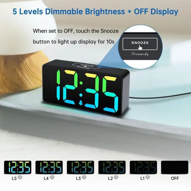 Alt view image 5 of 7 - Small Digital Alarm Clocks for Bedrooms - RGB Electric Alarm Clock for Kids Bedside Nightstand, Desk Clock with Large Numbers, Dimmer, Adjustable Alarm Volume, USB Port, USB-C Adapter Powered