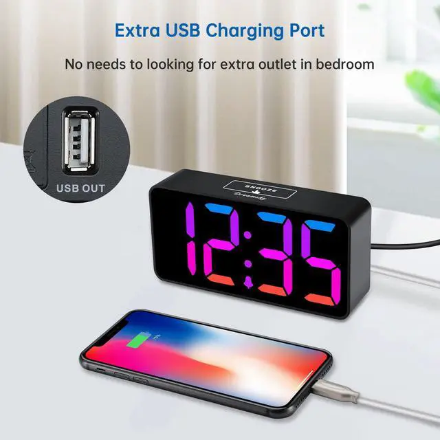 Alt view image 6 of 7 - Small Digital Alarm Clocks for Bedrooms - RGB Electric Alarm Clock for Kids Bedside Nightstand, Desk Clock with Large Numbers, Dimmer, Adjustable Alarm Volume, USB Port, USB-C Adapter Powered