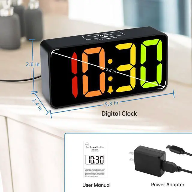 Alt view image 7 of 7 - Small Digital Alarm Clocks for Bedrooms - RGB Electric Alarm Clock for Kids Bedside Nightstand, Desk Clock with Large Numbers, Dimmer, Adjustable Alarm Volume, USB Port, USB-C Adapter Powered