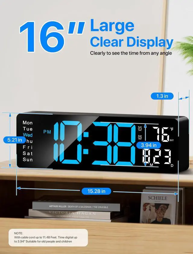 Alt view image 2 of 7 - Digital Wall Clock, 16" Large Display Digital Clock with Remote Control, Auto-Dimming Wall Clock with Night Light, DST, Date Week,Temp for Living Room, Bedroom, Decor, for Elderly
