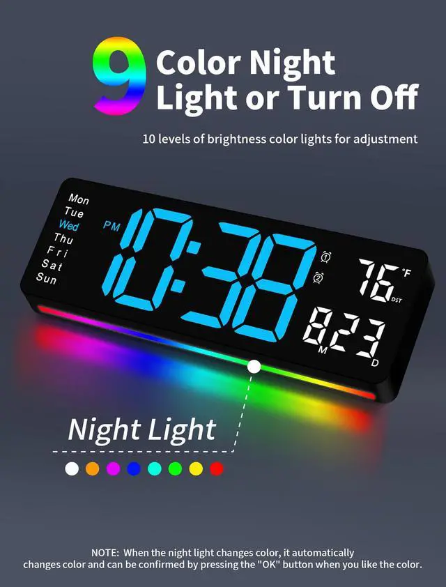 Alt view image 3 of 7 - Digital Wall Clock, 16" Large Display Digital Clock with Remote Control, Auto-Dimming Wall Clock with Night Light, DST, Date Week,Temp for Living Room, Bedroom, Decor, for Elderly