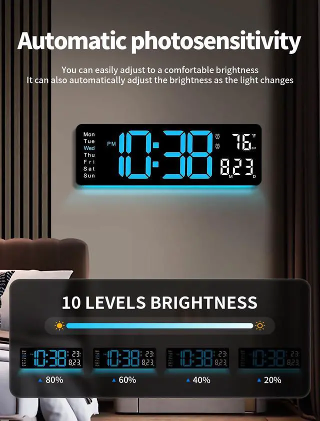 Alt view image 4 of 7 - Digital Wall Clock, 16" Large Display Digital Clock with Remote Control, Auto-Dimming Wall Clock with Night Light, DST, Date Week,Temp for Living Room, Bedroom, Decor, for Elderly