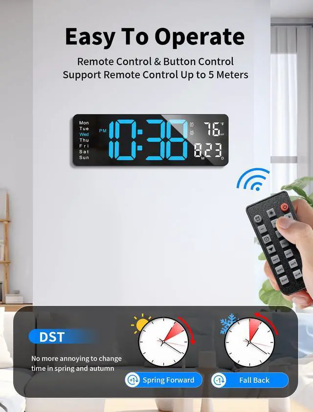 Alt view image 5 of 7 - Digital Wall Clock, 16" Large Display Digital Clock with Remote Control, Auto-Dimming Wall Clock with Night Light, DST, Date Week,Temp for Living Room, Bedroom, Decor, for Elderly
