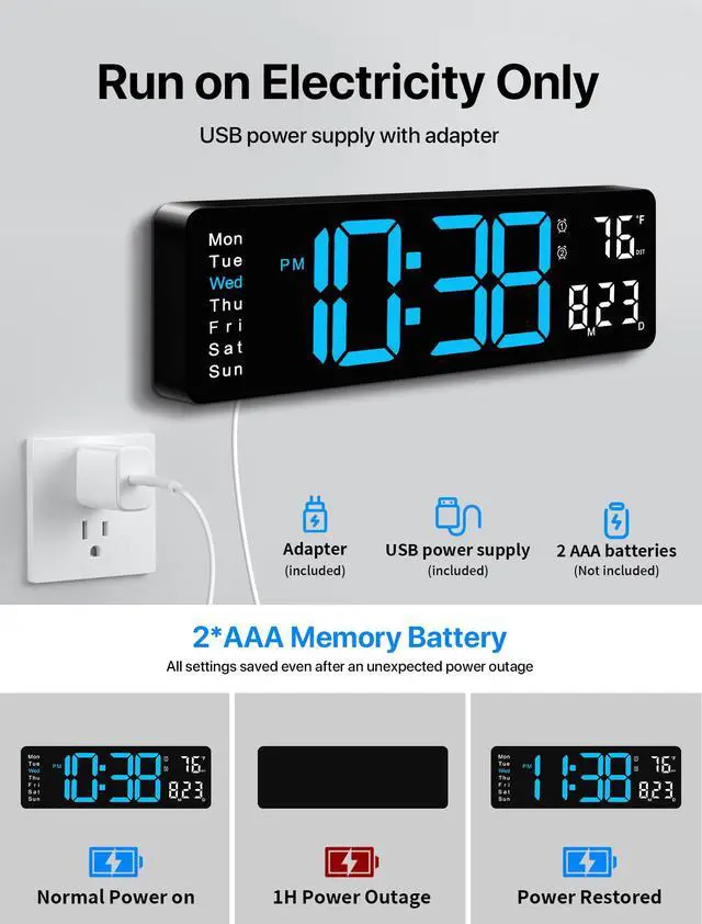 Alt view image 6 of 7 - Digital Wall Clock, 16" Large Display Digital Clock with Remote Control, Auto-Dimming Wall Clock with Night Light, DST, Date Week,Temp for Living Room, Bedroom, Decor, for Elderly