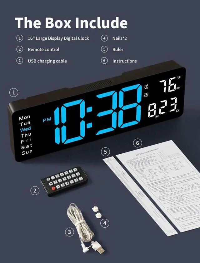 Alt view image 7 of 7 - Digital Wall Clock, 16" Large Display Digital Clock with Remote Control, Auto-Dimming Wall Clock with Night Light, DST, Date Week,Temp for Living Room, Bedroom, Decor, for Elderly