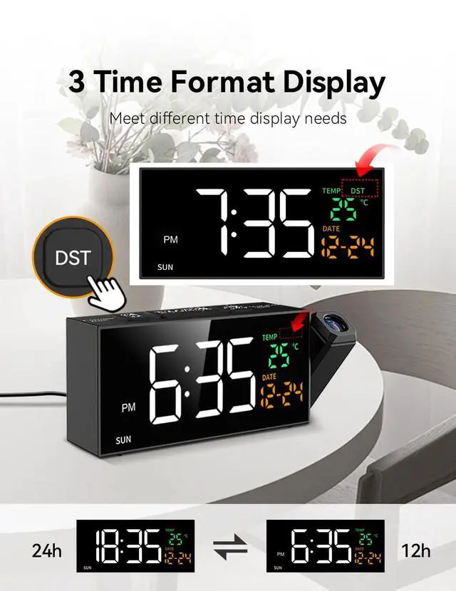 Alt view image 6 of 7 - Projection Clock for Bedroom Ceiling, Alarm Clocks with 180° Rotatable Projector, Date Temperature and Weekday, Manual DST, 5 Brightness, 10 Ringtones, 4 Volumes and Snooze (Black)
