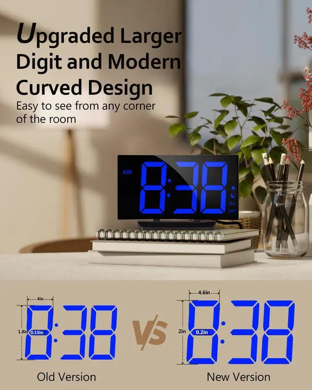 Alt view image 2 of 7 - Upgraded Digital Alarm Clock for Bedrooms, Digital Clock with Customizable Night Mode, 5 Levels Brightness+Off, 2 Volume, 3 Alarm Tones, Snooze, USB Charging Port, Power-Off Memory, 12/24H/DST