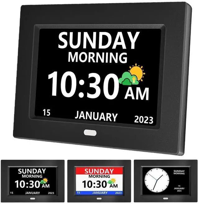 Main image of 7 Inch Clock with Day and Date for Elderly Large Display Digital Clocks 12 Alarms 3 Display Modes Large Font Alzheimer's Clock Alarm Clocks for Seniors Auto DST Black